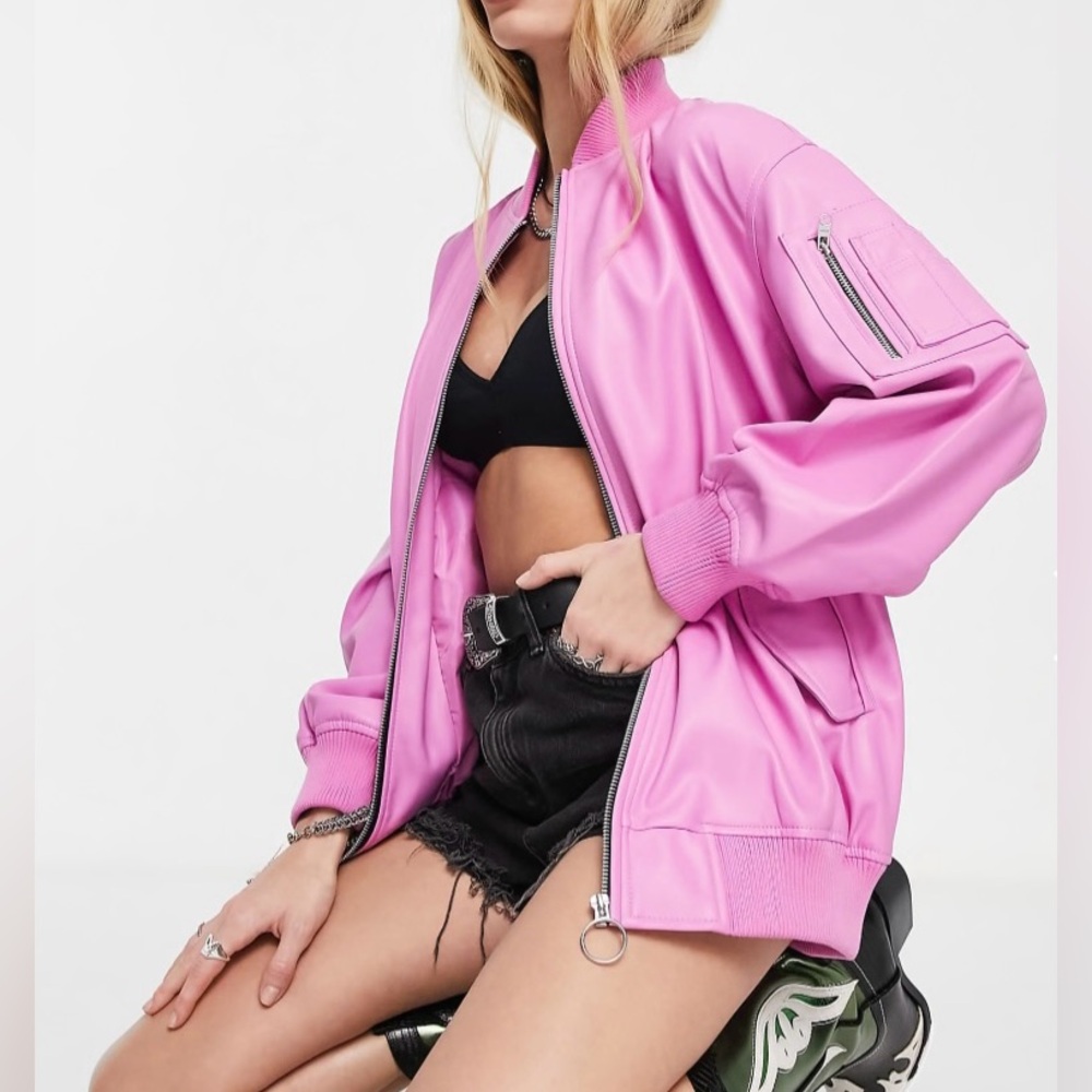 Bershka faux leather oversized bomber jacket in pink